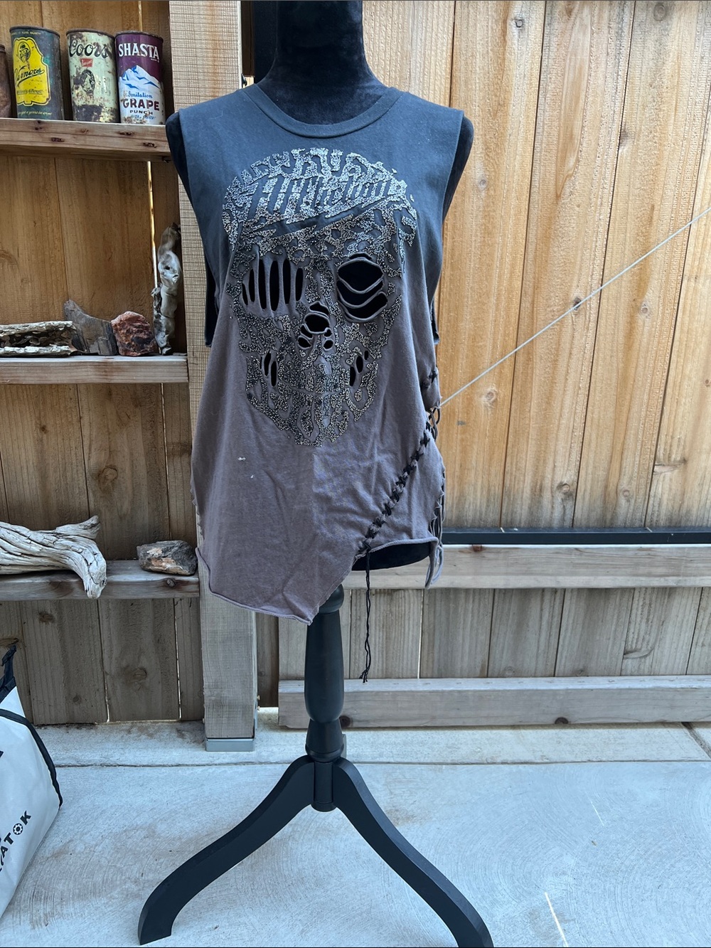 Affliction Two-Tone Distressed Skull Lace-Up Muscle Tee - Black/Brown